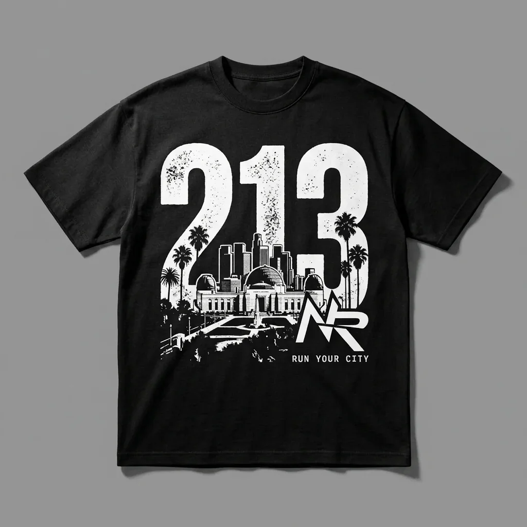 Los Angeles 213 area-code heavyweight graphic t-shirt for runners featuring Griffith Observatory and the Ninja Run Club mark