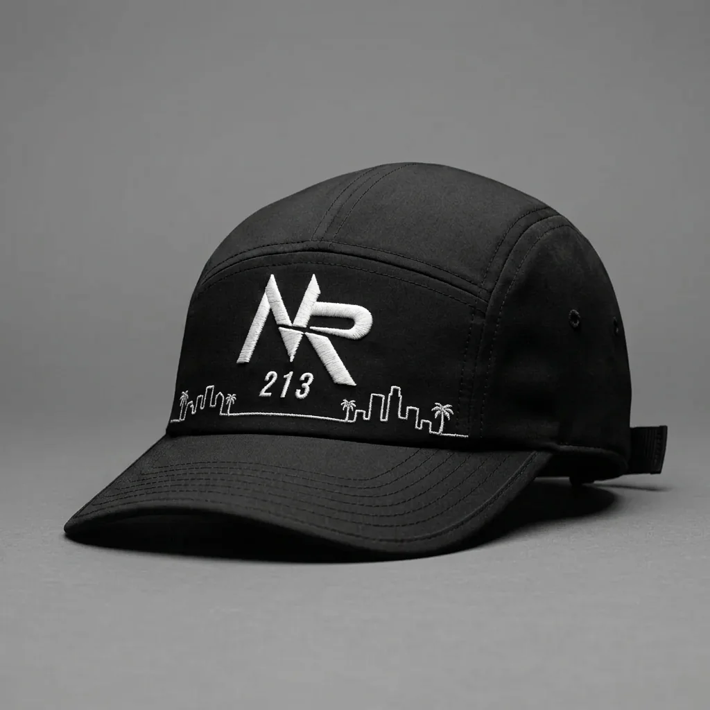 Los Angeles 213 five-panel running hat with the Ninja Run Club mark and Los Angeles skyline stitching