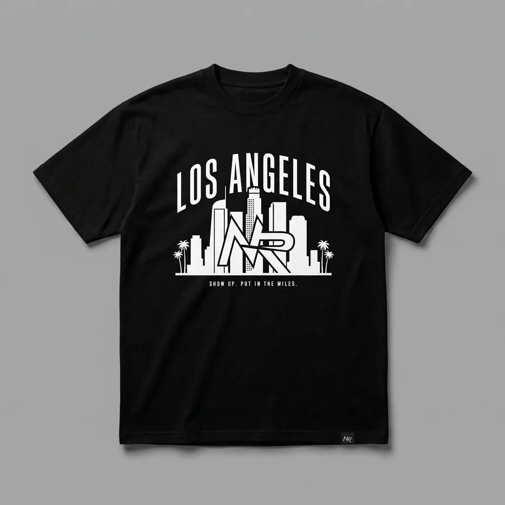 Los Angeles skyline heavyweight graphic t-shirt for runners featuring the Ninja Run Club mark and the downtown LA skyline
