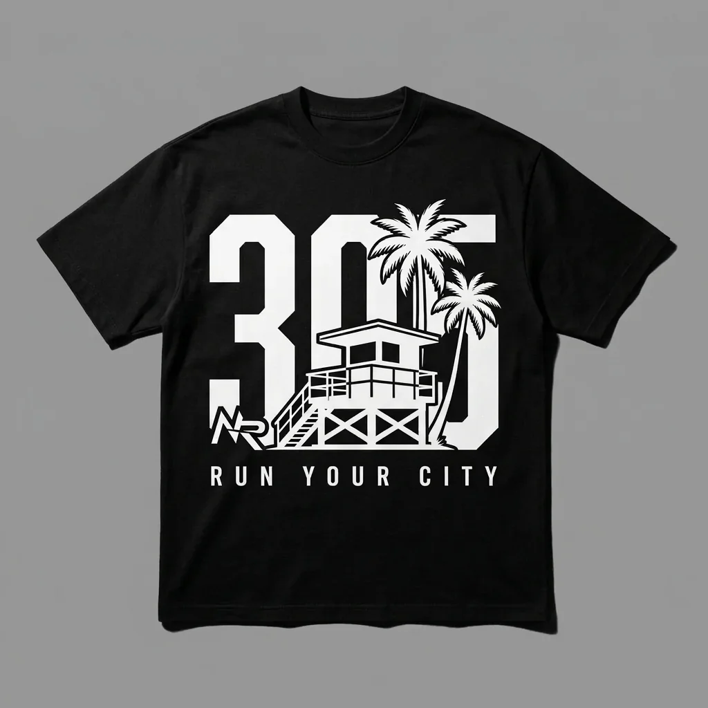 Miami 305 area-code heavyweight graphic t-shirt for runners featuring a lifeguard tower and palms and the Ninja Run Club mark