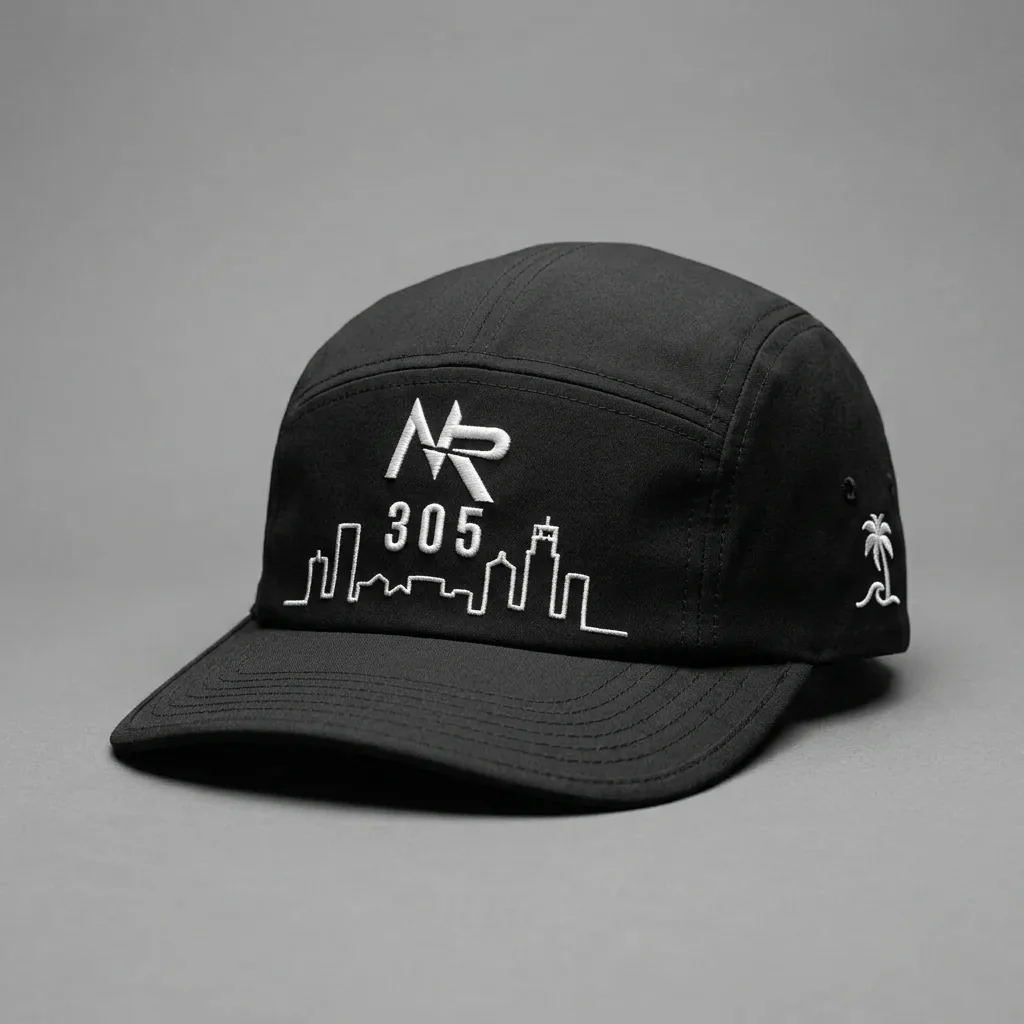 Miami 305 five-panel running hat with the Ninja Run Club mark and Miami skyline stitching