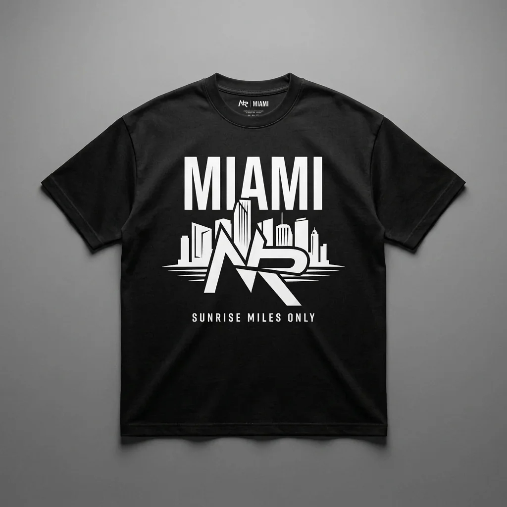 Miami skyline heavyweight graphic t-shirt for runners featuring the Ninja Run Club mark and the Brickell skyline