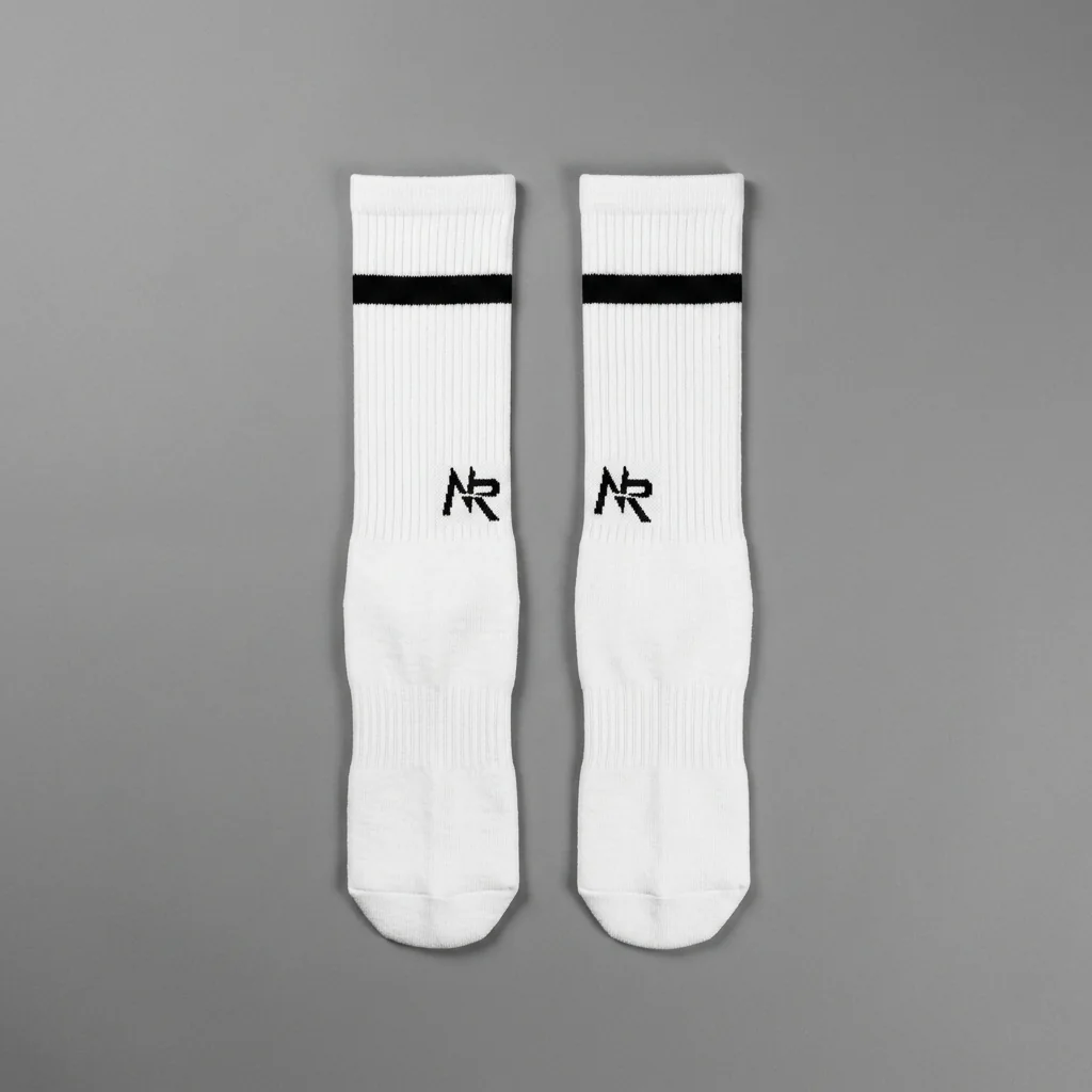 White Mile Marker running crew socks with stripe band and knitted Ninja Run Club mark