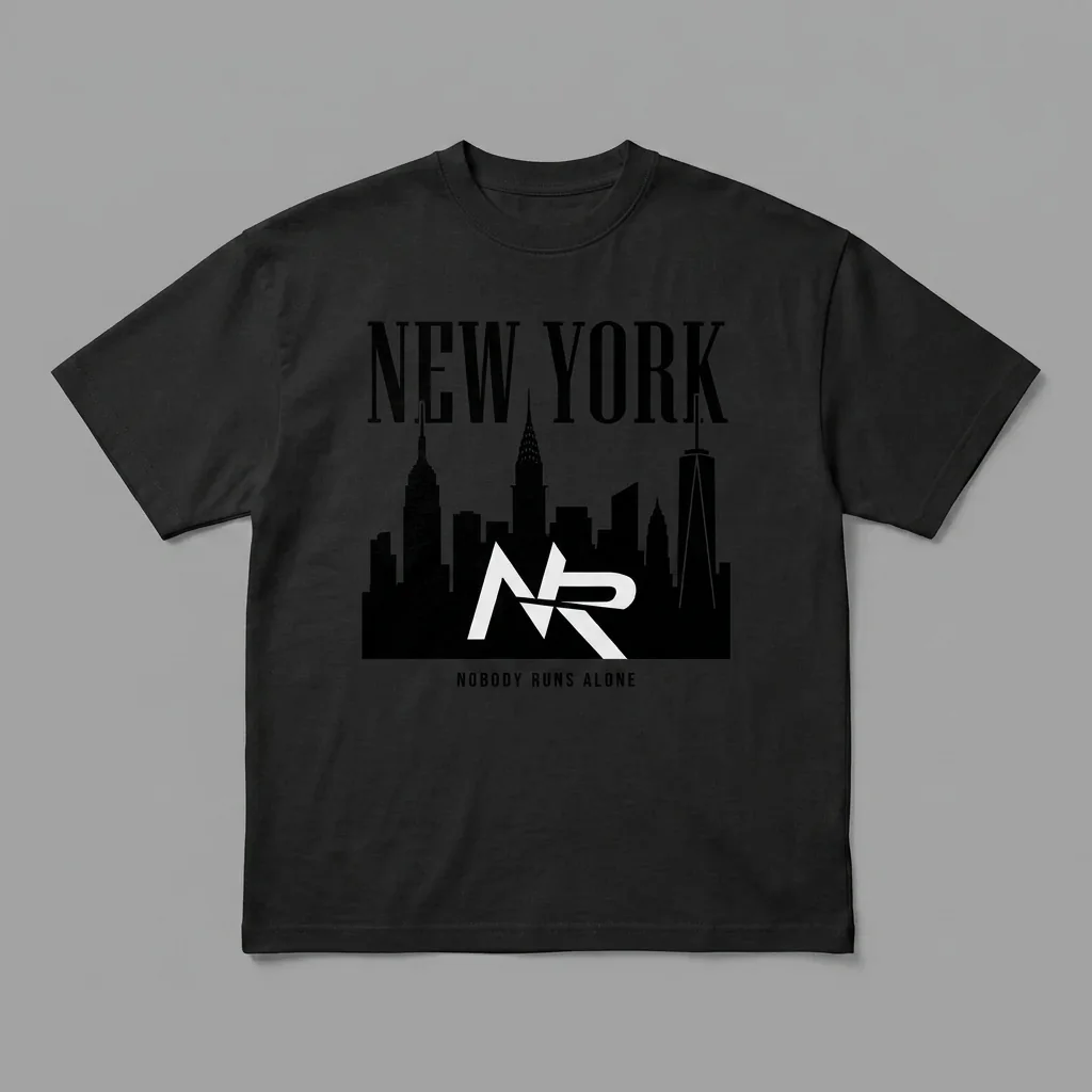 New York skyline heavyweight graphic t-shirt for runners featuring the Ninja Run Club mark and the Manhattan skyline
