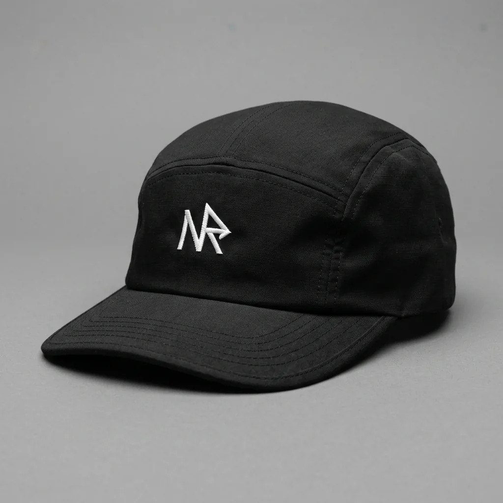 Black NRC Monogram unstructured 5-panel running cap with embroidered Ninja Run Club mark