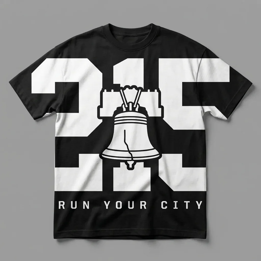 Philadelphia 215 area-code heavyweight graphic t-shirt for runners featuring the Liberty Bell and the Ninja Run Club mark