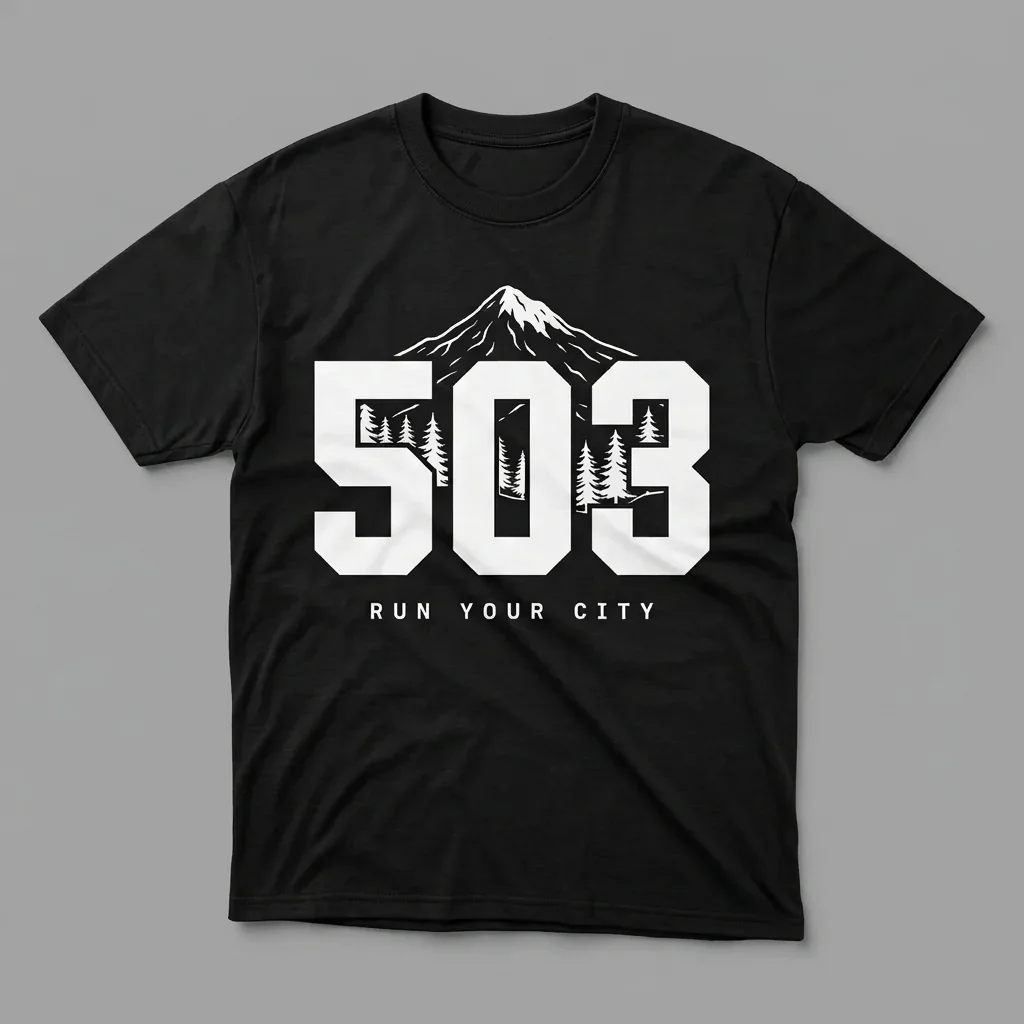 Portland 503 area-code heavyweight graphic t-shirt for runners featuring Mount Hood and the pines and the Ninja Run Club mark