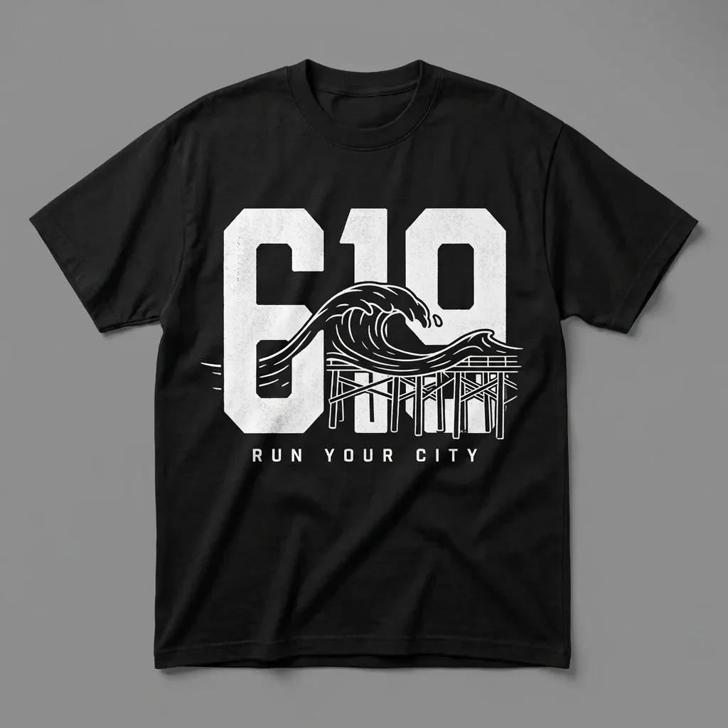 San Diego 619 area-code heavyweight graphic t-shirt for runners featuring an ocean wave and pier and the Ninja Run Club mark