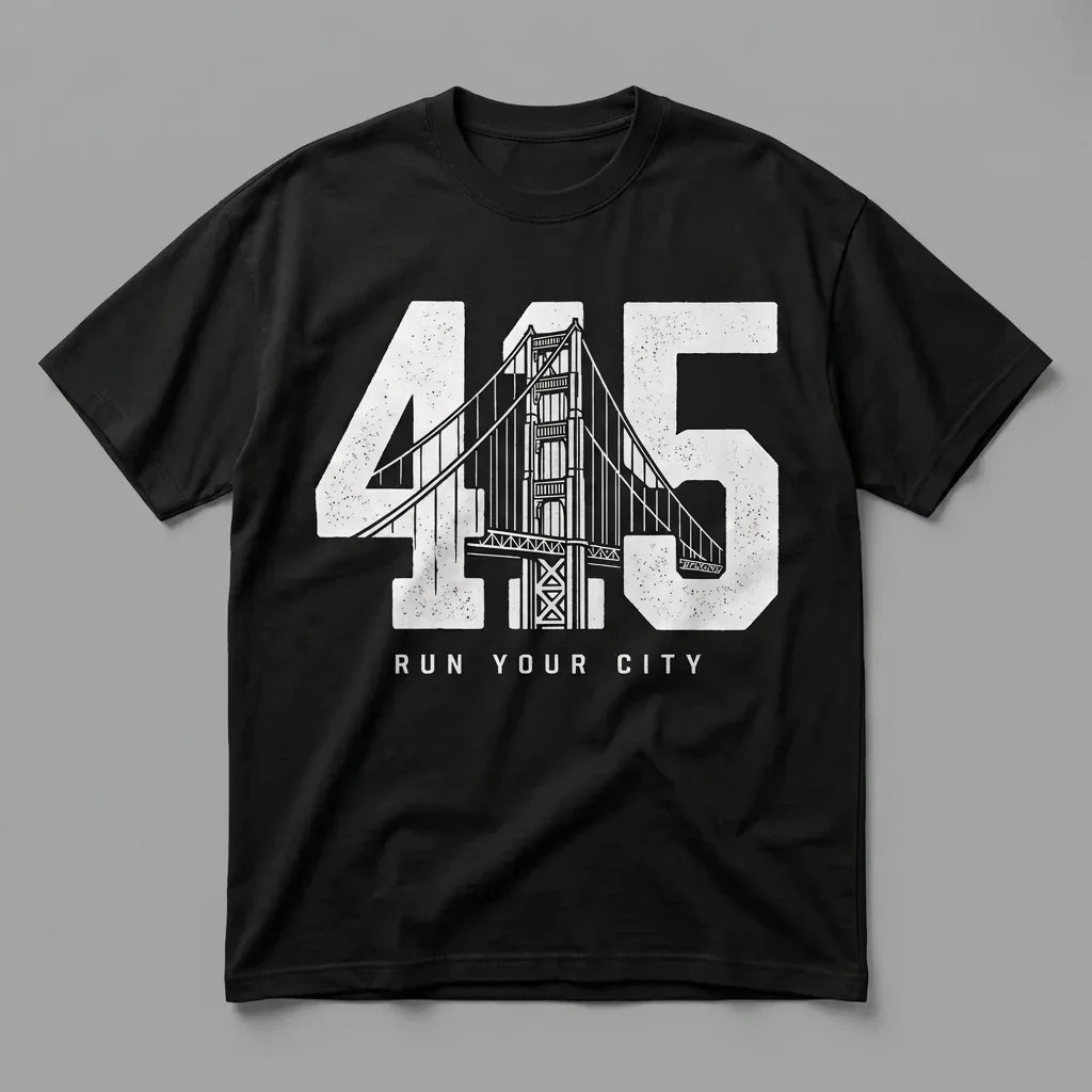 San Francisco 415 area-code heavyweight graphic t-shirt for runners featuring the Golden Gate Bridge and the Ninja Run Club mark