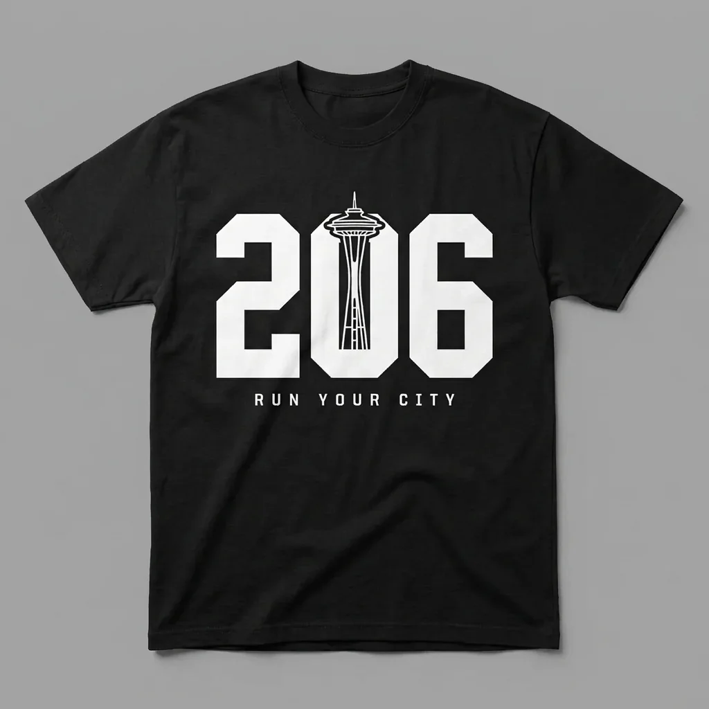 Seattle 206 area-code heavyweight graphic t-shirt for runners featuring the Space Needle and the Ninja Run Club mark