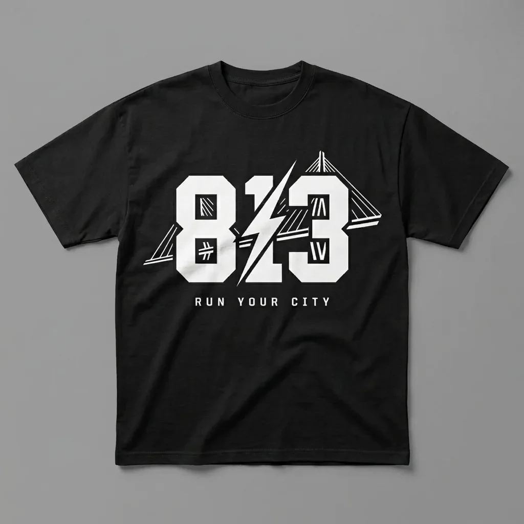 Tampa 813 area-code heavyweight graphic t-shirt for runners featuring a lightning bolt and the Skyway lines and the Ninja Run Club mark