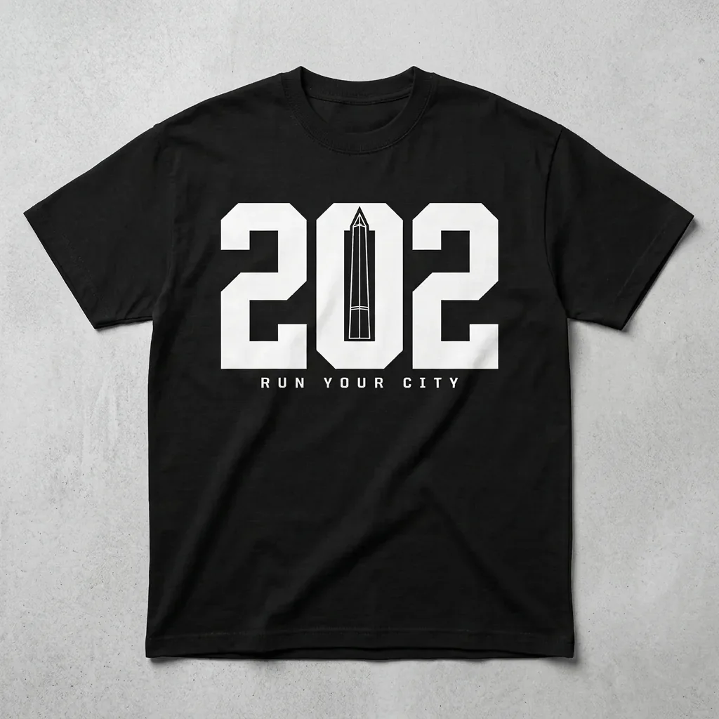 Washington DC 202 area-code heavyweight graphic t-shirt for runners featuring the Washington Monument and the Ninja Run Club mark