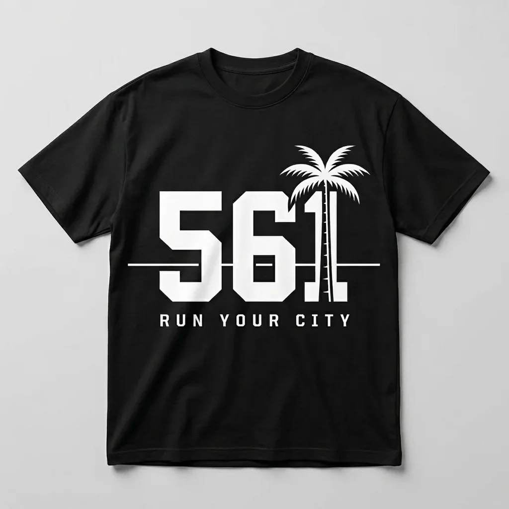 West Palm Beach 561 area-code heavyweight graphic t-shirt for runners featuring a royal palm on the horizon line and the Ninja Run Club mark